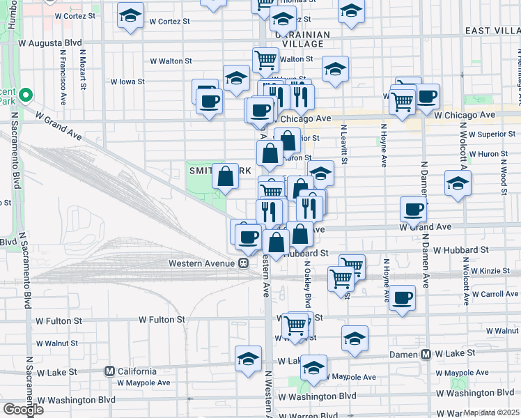 map of restaurants, bars, coffee shops, grocery stores, and more near 542 North Western Avenue in Chicago