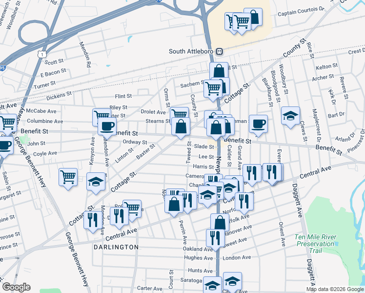map of restaurants, bars, coffee shops, grocery stores, and more near 632 Cottage Street in Pawtucket