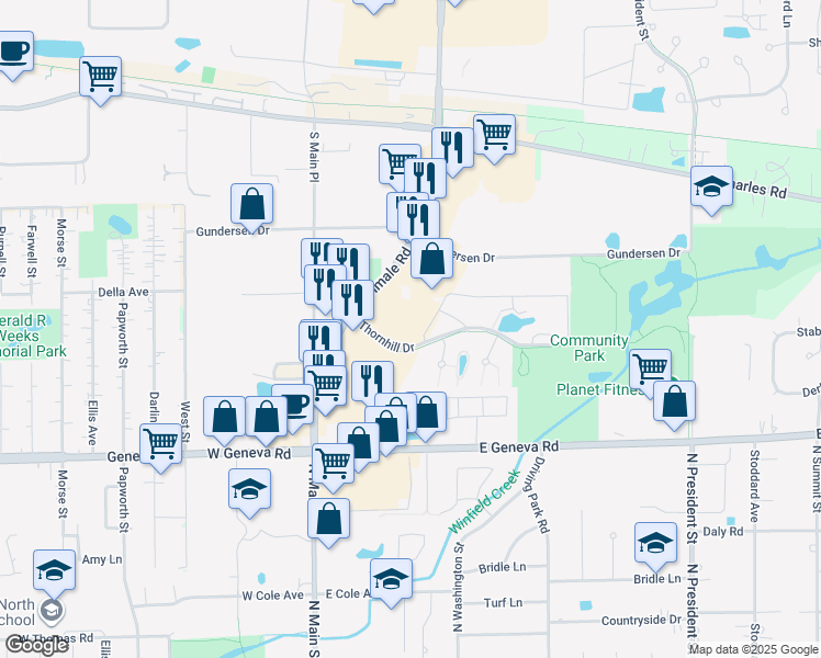 map of restaurants, bars, coffee shops, grocery stores, and more near 515 Thornhill Drive in Carol Stream