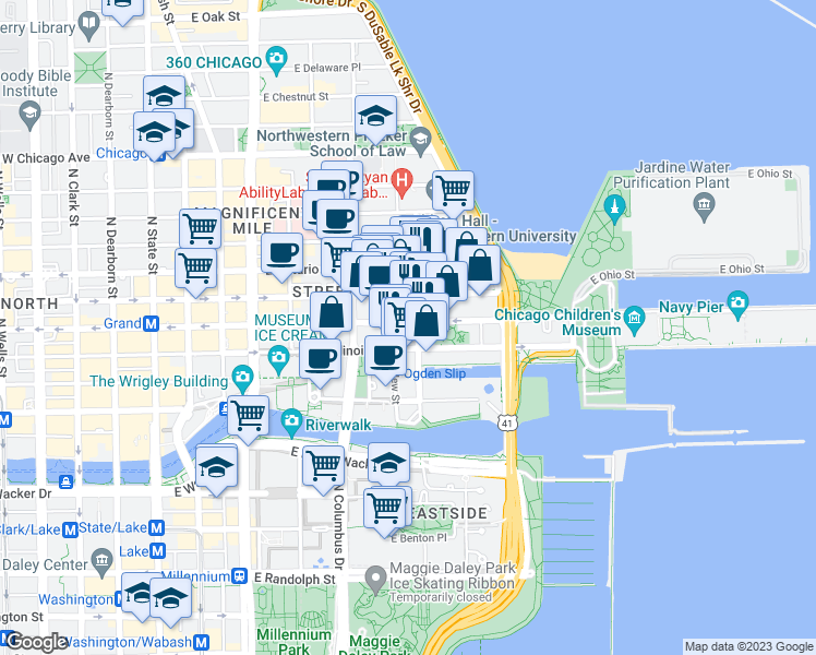 map of restaurants, bars, coffee shops, grocery stores, and more near 342 East Illinois Street in Chicago