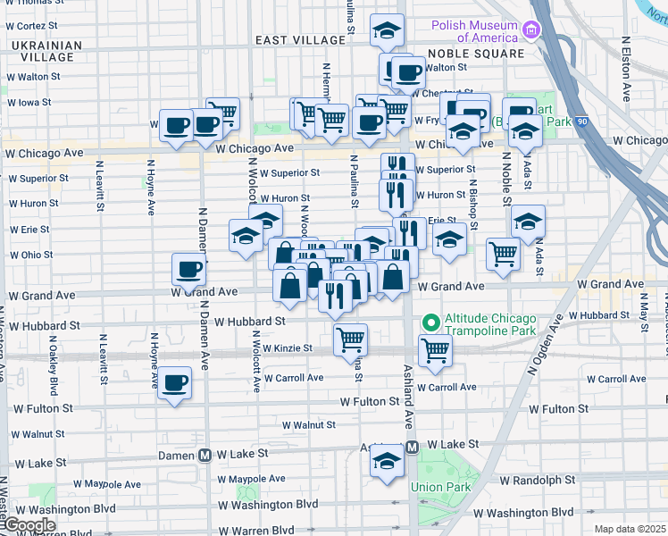 map of restaurants, bars, coffee shops, grocery stores, and more near 534 North Hermitage Avenue in Chicago