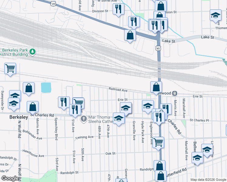 map of restaurants, bars, coffee shops, grocery stores, and more near 2 Railroad Avenue in Bellwood