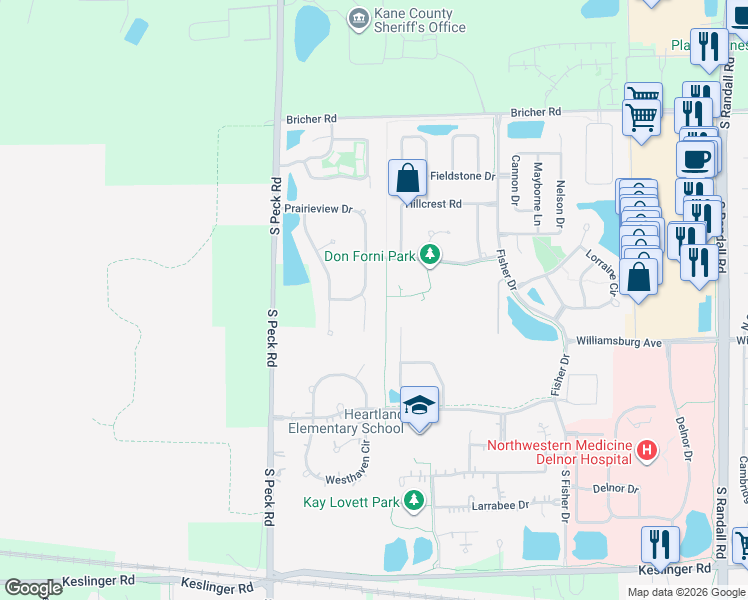 map of restaurants, bars, coffee shops, grocery stores, and more near 338 Prairie View Drive in Geneva