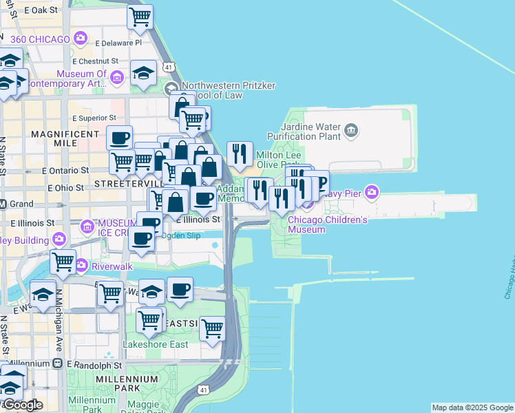 map of restaurants, bars, coffee shops, grocery stores, and more near 500 North Streeter Drive in Chicago