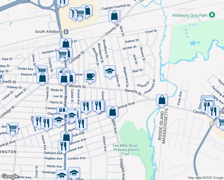 map of restaurants, bars, coffee shops, grocery stores, and more near 599 Benefit Street in Pawtucket