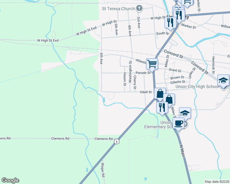 map of restaurants, bars, coffee shops, grocery stores, and more near O Dell Street in Union City