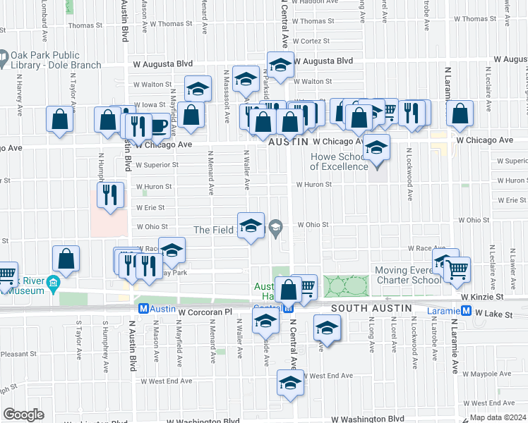 map of restaurants, bars, coffee shops, grocery stores, and more near 616 North Parkside Avenue in Chicago