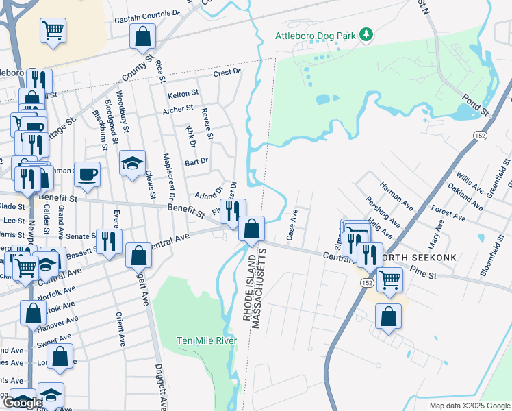 map of restaurants, bars, coffee shops, grocery stores, and more near 1110 Central Avenue in Pawtucket