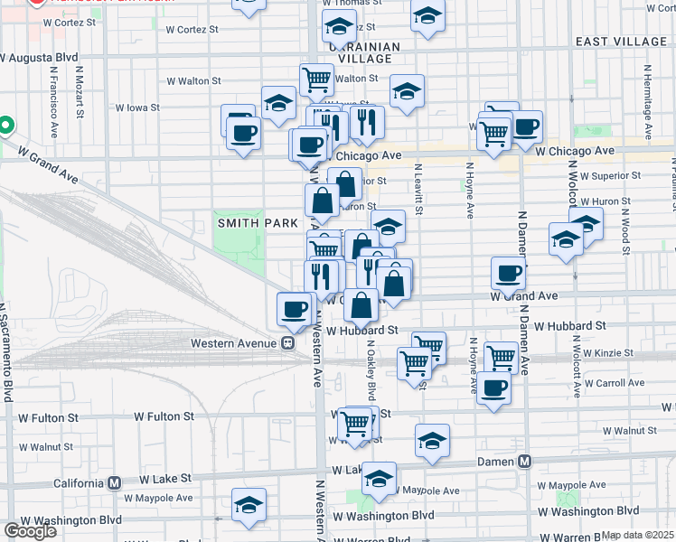 map of restaurants, bars, coffee shops, grocery stores, and more near 532 North Claremont Avenue in Chicago