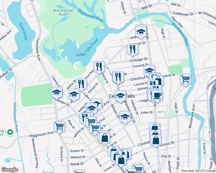 map of restaurants, bars, coffee shops, grocery stores, and more near 114 Perry Street in Central Falls
