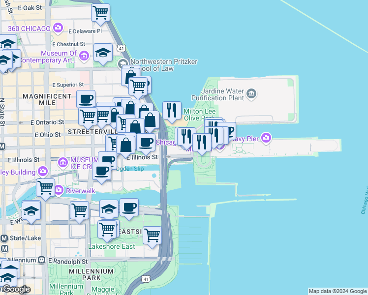 map of restaurants, bars, coffee shops, grocery stores, and more near 500 North Streeter Drive in Chicago