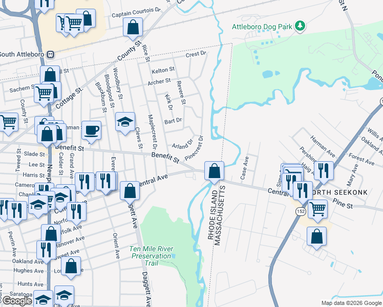 map of restaurants, bars, coffee shops, grocery stores, and more near 39 Pinecrest Drive in Pawtucket
