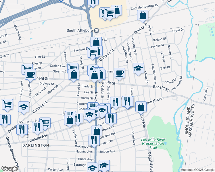 map of restaurants, bars, coffee shops, grocery stores, and more near 473 Benefit Street in Pawtucket