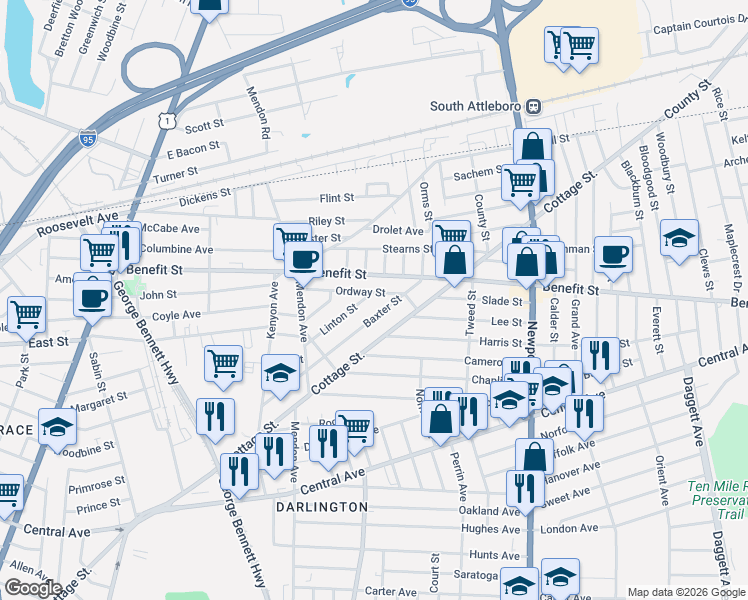 map of restaurants, bars, coffee shops, grocery stores, and more near 66 Ordway Street in Pawtucket