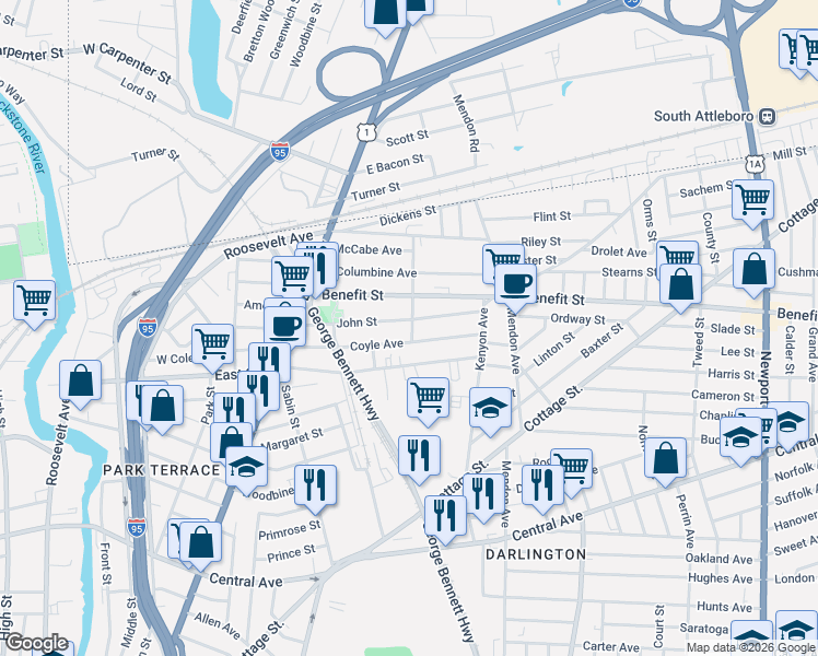 map of restaurants, bars, coffee shops, grocery stores, and more near 90 John Street in Pawtucket