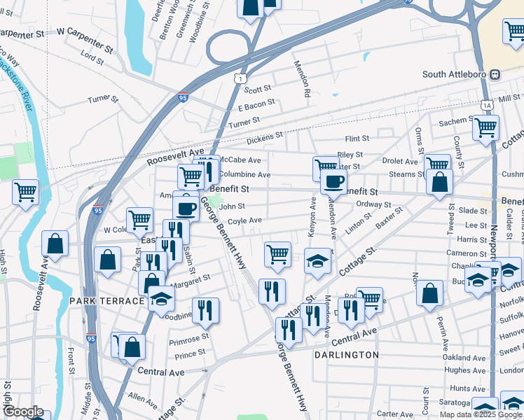 map of restaurants, bars, coffee shops, grocery stores, and more near 90 John Street in Pawtucket