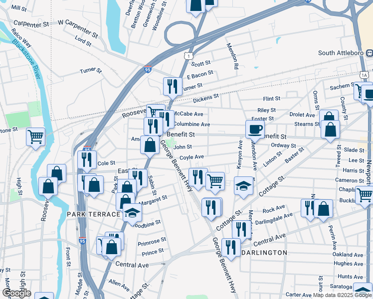 map of restaurants, bars, coffee shops, grocery stores, and more near 60 John Street in Pawtucket