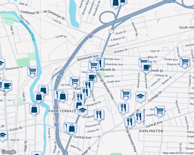 map of restaurants, bars, coffee shops, grocery stores, and more near 31 John Street in Pawtucket