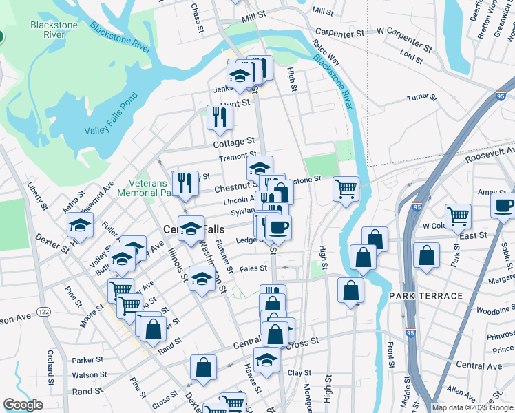 map of restaurants, bars, coffee shops, grocery stores, and more near 14 Lincoln Avenue in Central Falls