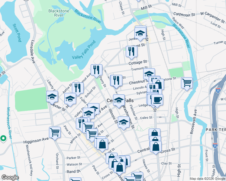 map of restaurants, bars, coffee shops, grocery stores, and more near 119 Perry Street in Central Falls