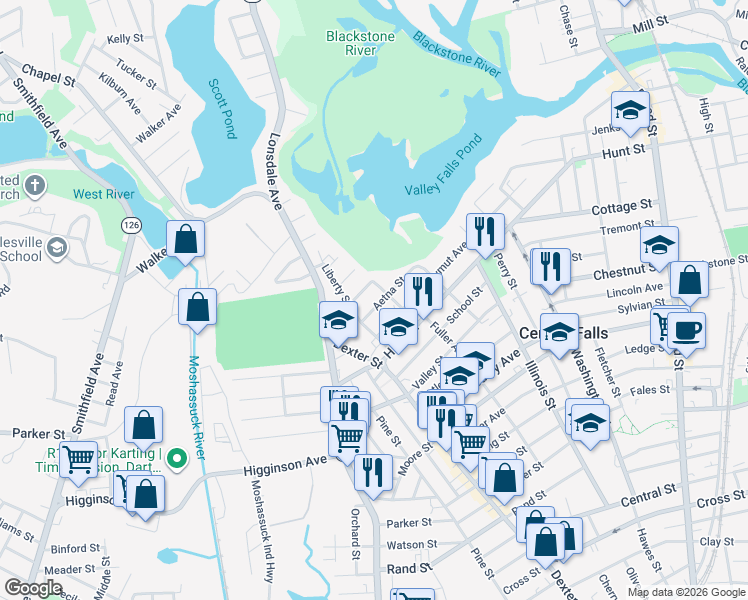map of restaurants, bars, coffee shops, grocery stores, and more near 38 Aetna Street in Central Falls