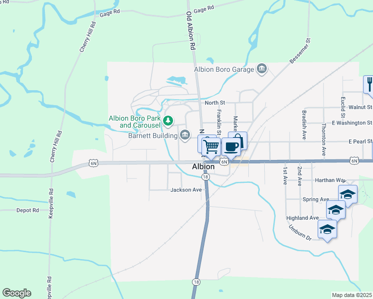 map of restaurants, bars, coffee shops, grocery stores, and more near 40 Academy Street in Albion