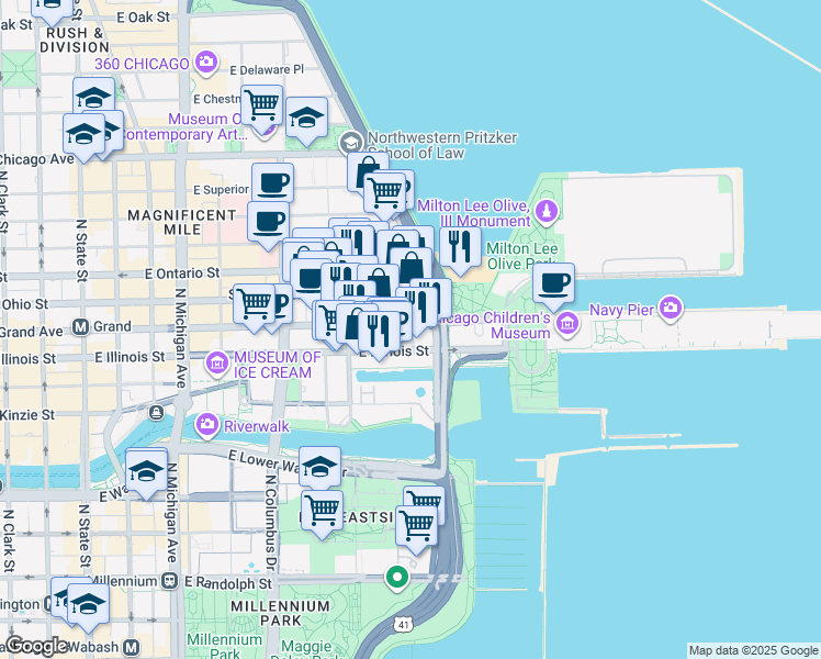 map of restaurants, bars, coffee shops, grocery stores, and more near 530 East Grand Avenue in Chicago