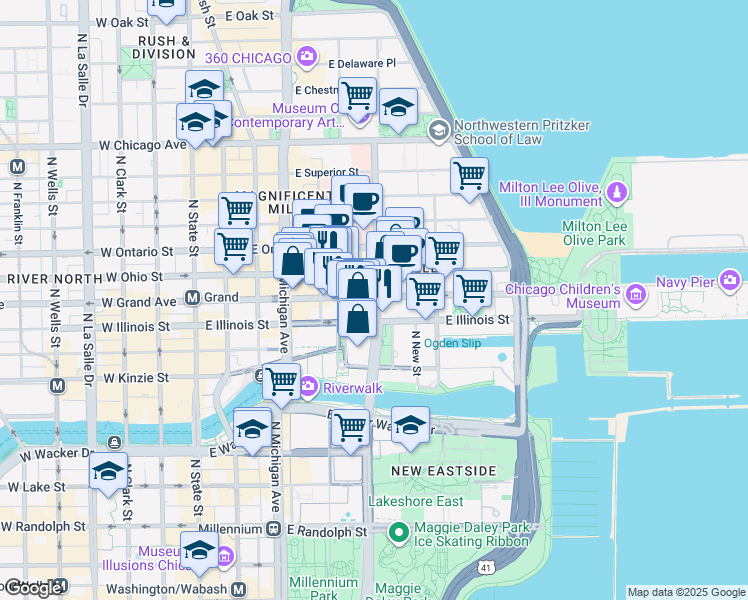 map of restaurants, bars, coffee shops, grocery stores, and more near 255 East Grand Avenue in Chicago