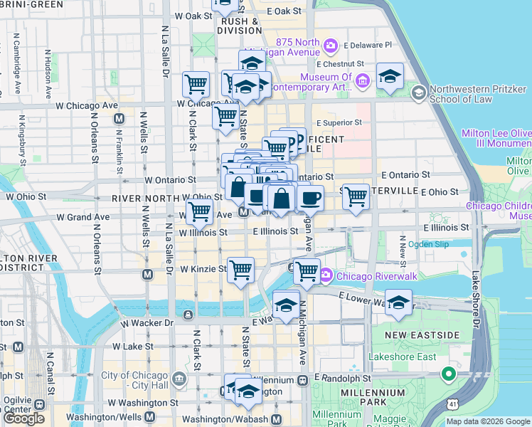 map of restaurants, bars, coffee shops, grocery stores, and more near 50 East Ohio Street in Chicago