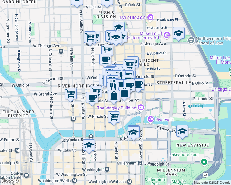 map of restaurants, bars, coffee shops, grocery stores, and more near 2 West Grand Avenue in Chicago