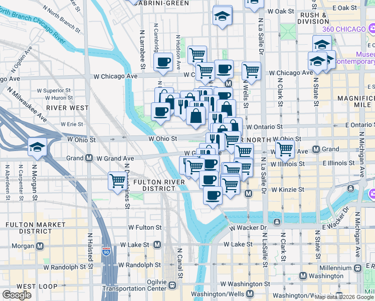 map of restaurants, bars, coffee shops, grocery stores, and more near 420 West Grand Avenue in Chicago
