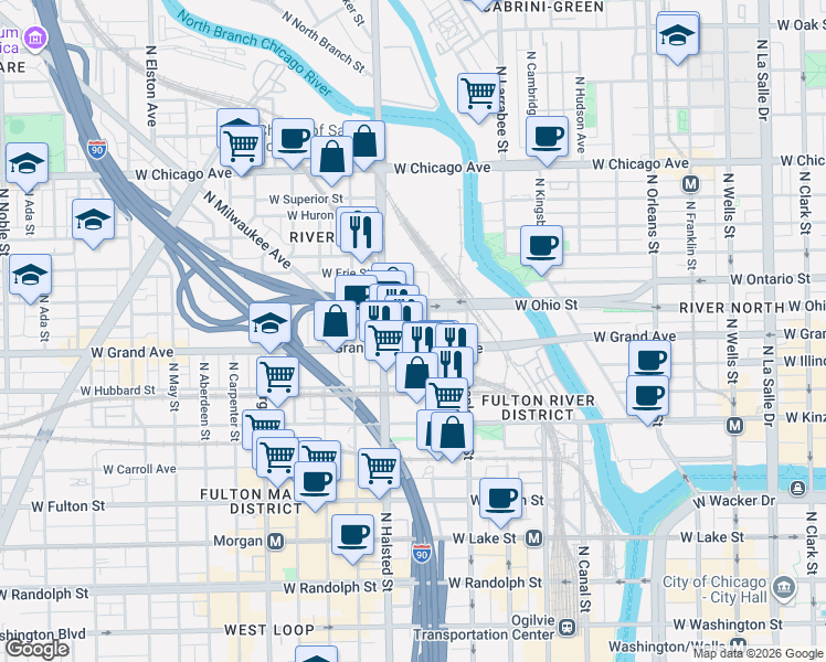 map of restaurants, bars, coffee shops, grocery stores, and more near 717 West Ohio Street in Chicago