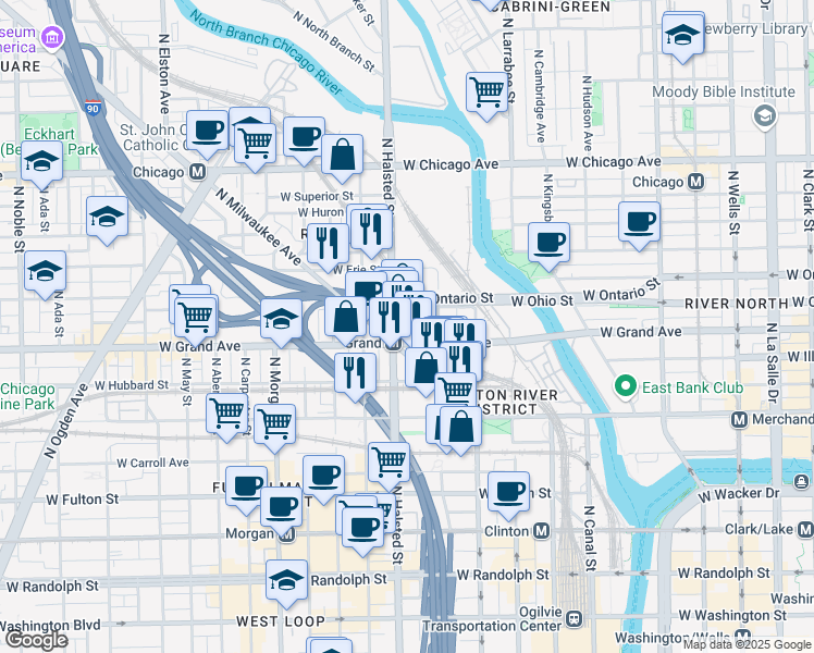 map of restaurants, bars, coffee shops, grocery stores, and more near 717 West Ohio Street in Chicago