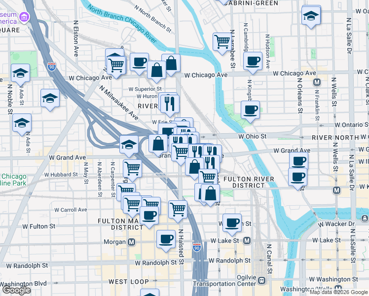 map of restaurants, bars, coffee shops, grocery stores, and more near 717 West Ohio Street in Chicago