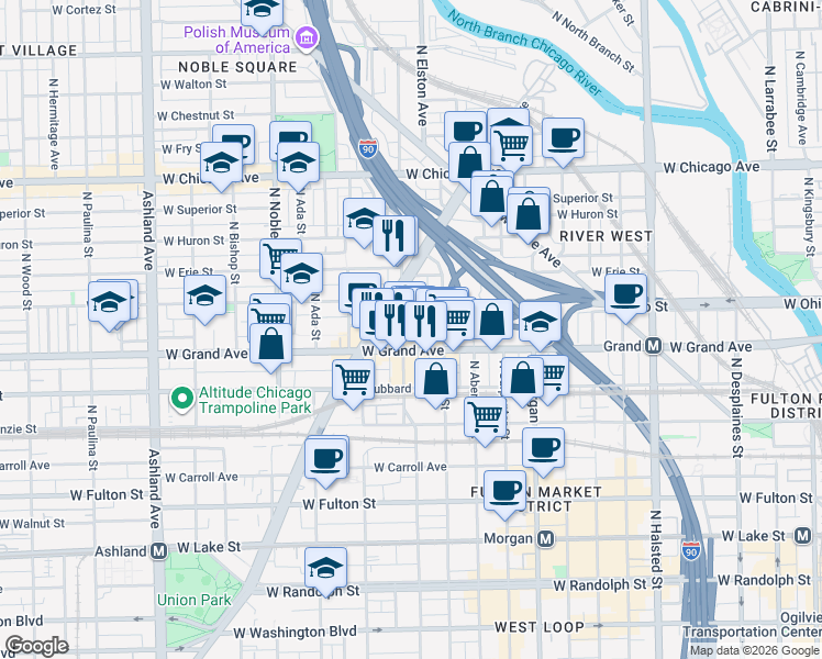 map of restaurants, bars, coffee shops, grocery stores, and more near 529 North Racine Avenue in Chicago