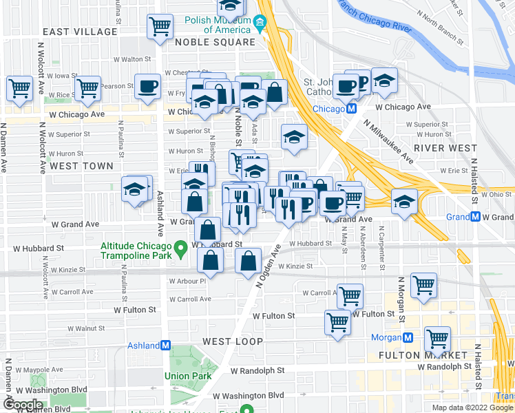 map of restaurants, bars, coffee shops, grocery stores, and more near 528 North Ada Street in Chicago