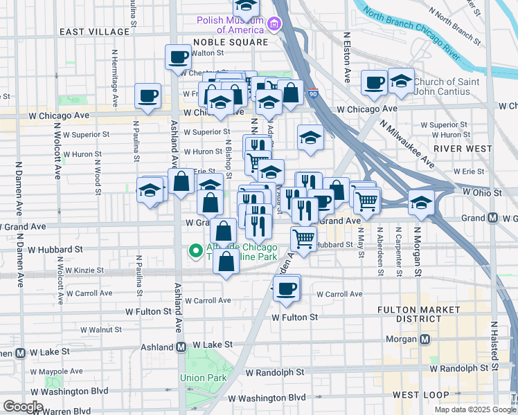 map of restaurants, bars, coffee shops, grocery stores, and more near 528 North Ada Street in Chicago