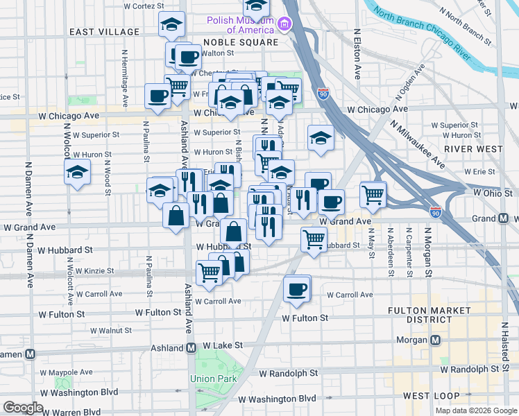 map of restaurants, bars, coffee shops, grocery stores, and more near 1417 West Ohio Street in Chicago