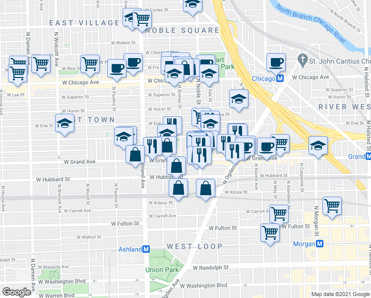 map of restaurants, bars, coffee shops, grocery stores, and more near 1417 West Ohio Street in Chicago