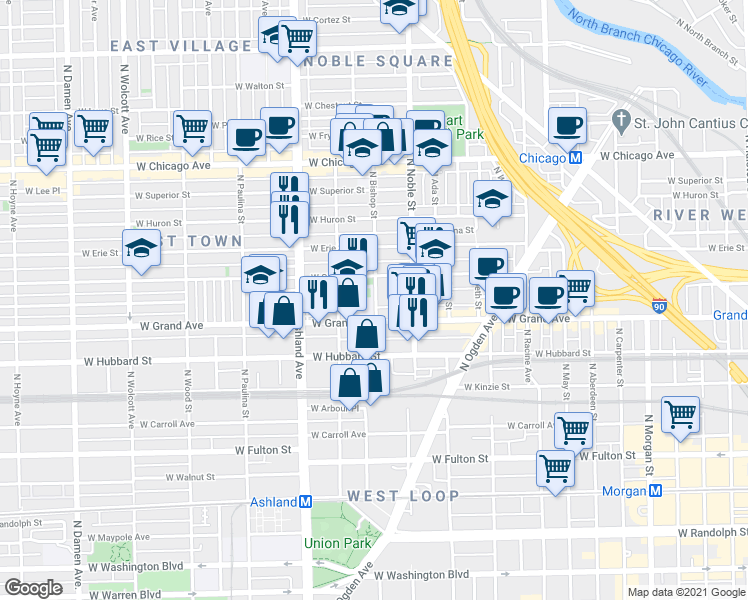 map of restaurants, bars, coffee shops, grocery stores, and more near 1455 West Ohio Street in Chicago