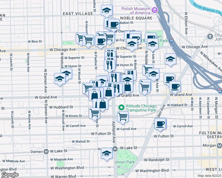 map of restaurants, bars, coffee shops, grocery stores, and more near 532 North Ashland Avenue in Chicago