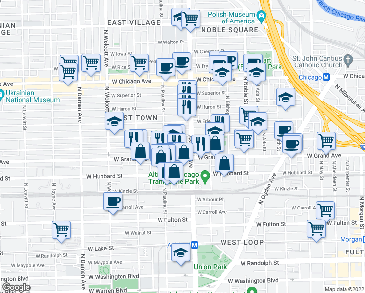 map of restaurants, bars, coffee shops, grocery stores, and more near in Chicago