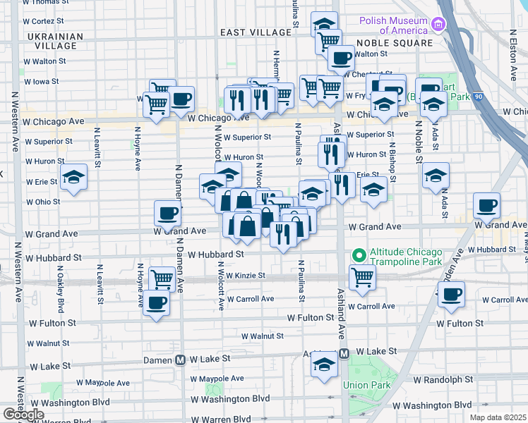 map of restaurants, bars, coffee shops, grocery stores, and more near 537 North Wood Street in Chicago