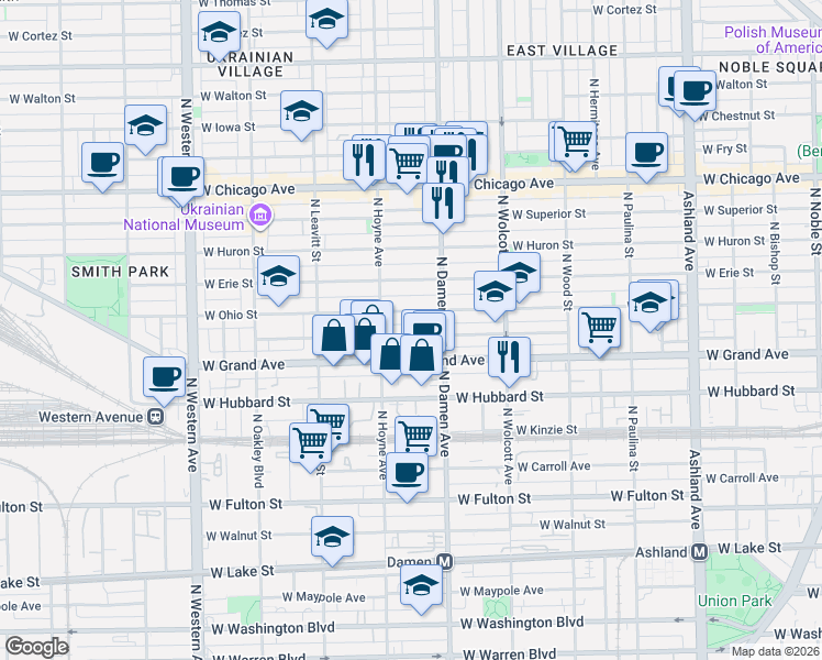 map of restaurants, bars, coffee shops, grocery stores, and more near 2025 West Ohio Street in Chicago