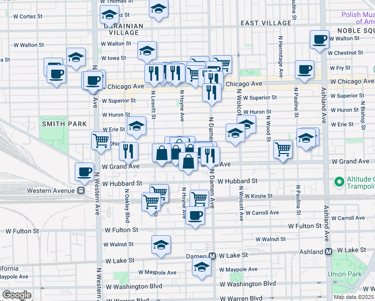 map of restaurants, bars, coffee shops, grocery stores, and more near 2101 West Ohio Street in Chicago