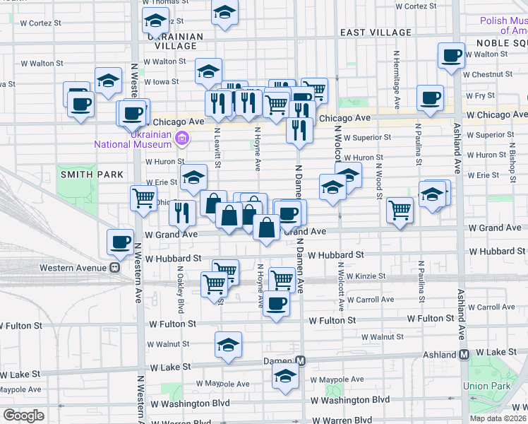 map of restaurants, bars, coffee shops, grocery stores, and more near 2101 West Ohio Street in Chicago