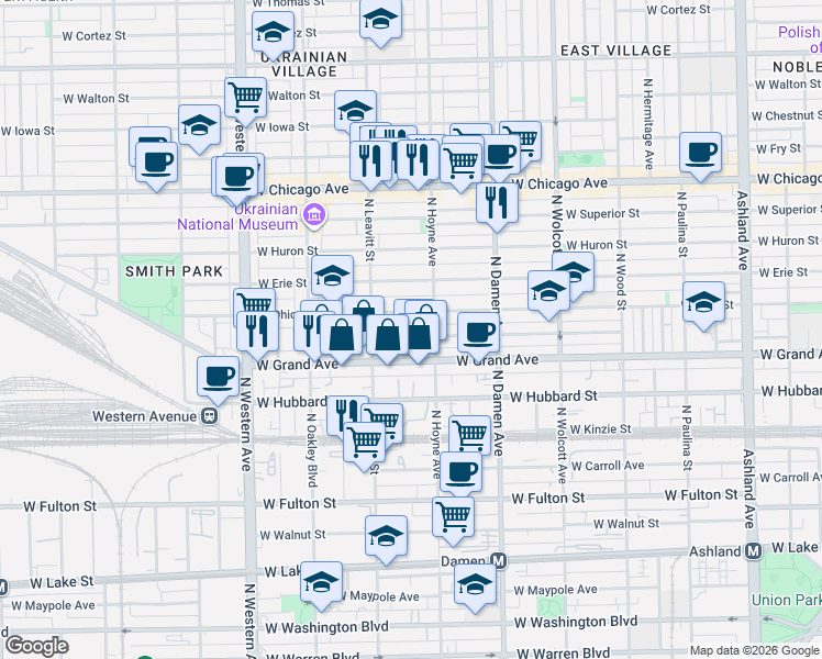 map of restaurants, bars, coffee shops, grocery stores, and more near 2141 West Ohio Street in Chicago