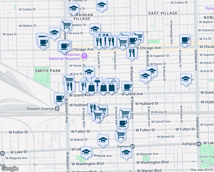 map of restaurants, bars, coffee shops, grocery stores, and more near 2141 West Ohio Street in Chicago