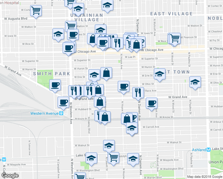 map of restaurants, bars, coffee shops, grocery stores, and more near 2141 West Ohio Street in Chicago