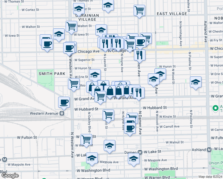 map of restaurants, bars, coffee shops, grocery stores, and more near 2141 West Ohio Street in Chicago